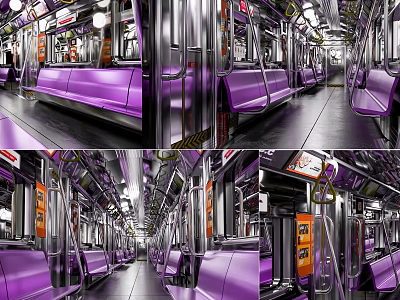 Modern Subway Car Interior Design With Purple Seats Metal Handrails And Lighting 3d model