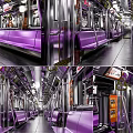 Modern Subway Car Interior Design With Purple Seats Metal Handrails And Lighting