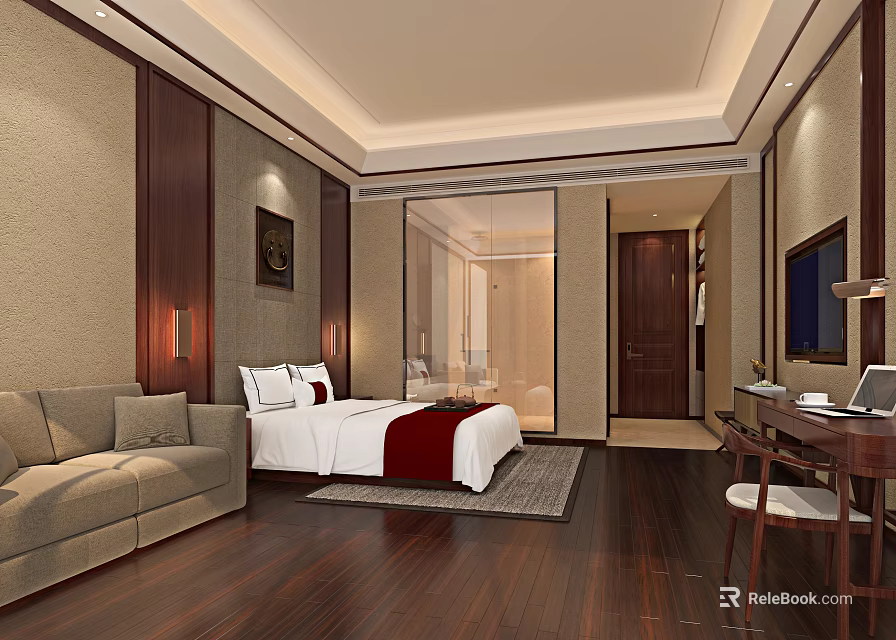 Modern Hotel Room Interior With King Bed Sofa Desk TV And Wooden Flooring 3d model 