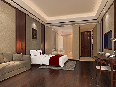 Modern Hotel Room Interior With King Bed Sofa Desk TV And Wooden Flooring 3d model