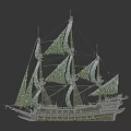Cartoon Scene Sailing Ship With Green White Sails And Ornate Hull Details