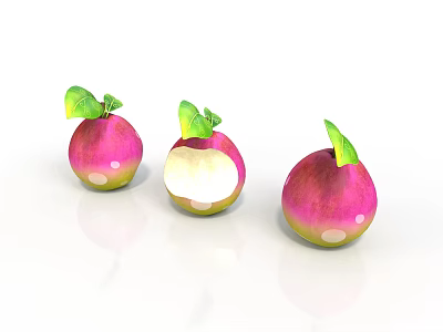 Fresh Juicy Pink Green Apples with Green Leaves and Bitten One on White Background 3d model