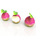 Fresh Juicy Pink Green Apples with Green Leaves and Bitten One on White Background