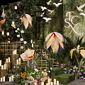 Romantic Garden Decor With Greenery Flowers String Lights And Paper Birds