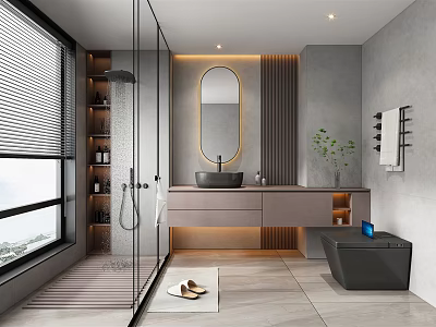 Modern Bathroom Interior Design With Glass Shower Round Mirror Gray Walls Vanity And Bathtub Plant 3d model