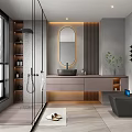 Modern Bathroom Interior Design With Glass Shower Round Mirror Gray Walls Vanity And Bathtub Plant