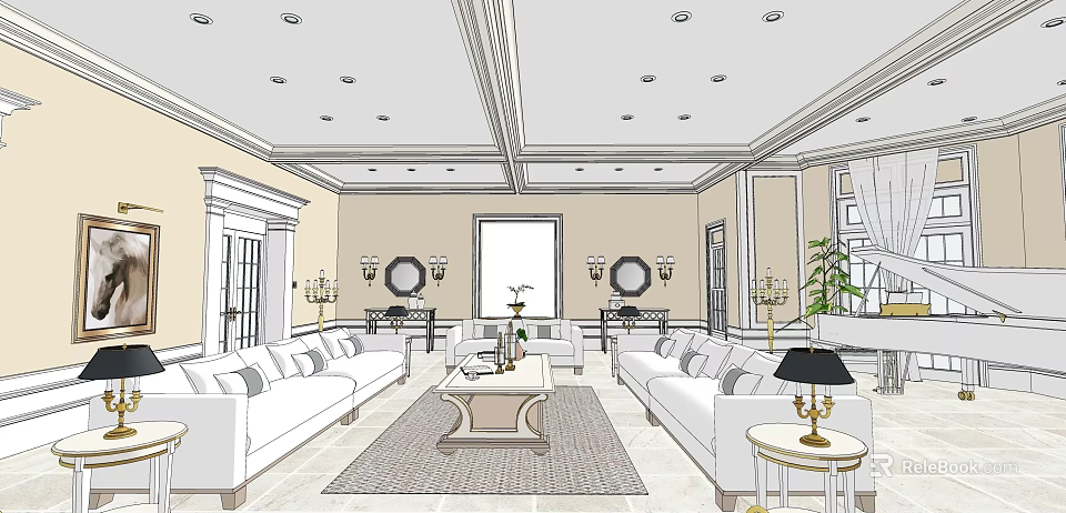 Elegant Living and Dining Room with White Sofas Coffee Table Decorative Mirrors and Ceiling Lights 3d model 