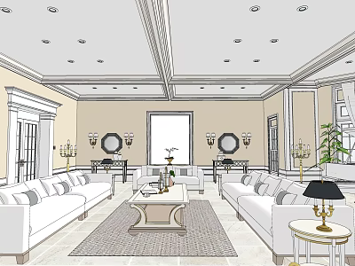 Elegant Living and Dining Room with White Sofas Coffee Table Decorative Mirrors and Ceiling Lights 3d model