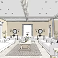 Elegant Living and Dining Room with White Sofas Coffee Table Decorative Mirrors and Ceiling Lights