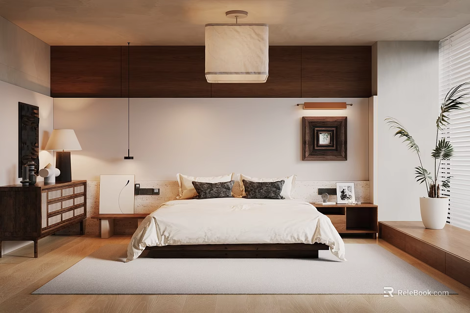 Modern Bedroom Interior With Wooden Wall Design Pendant Light White Bedding Nightstands Plant And Rug 3d model 