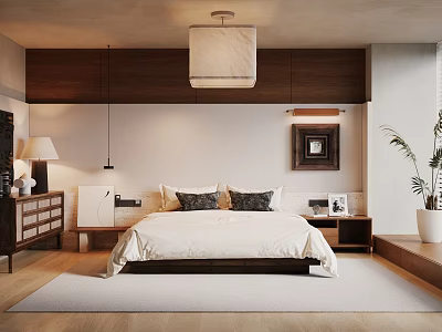 Modern Bedroom Interior With Wooden Wall Design Pendant Light White Bedding Nightstands Plant And Rug 3d model