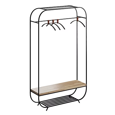 Modern Clothes Rack With Metal Frame Wooden Shelf And Top Hooks 3d model