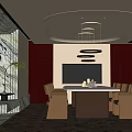 Modern Elegant Conference Room Interior With Marble Wall Long Table Pendant Lights And Brown Chairs