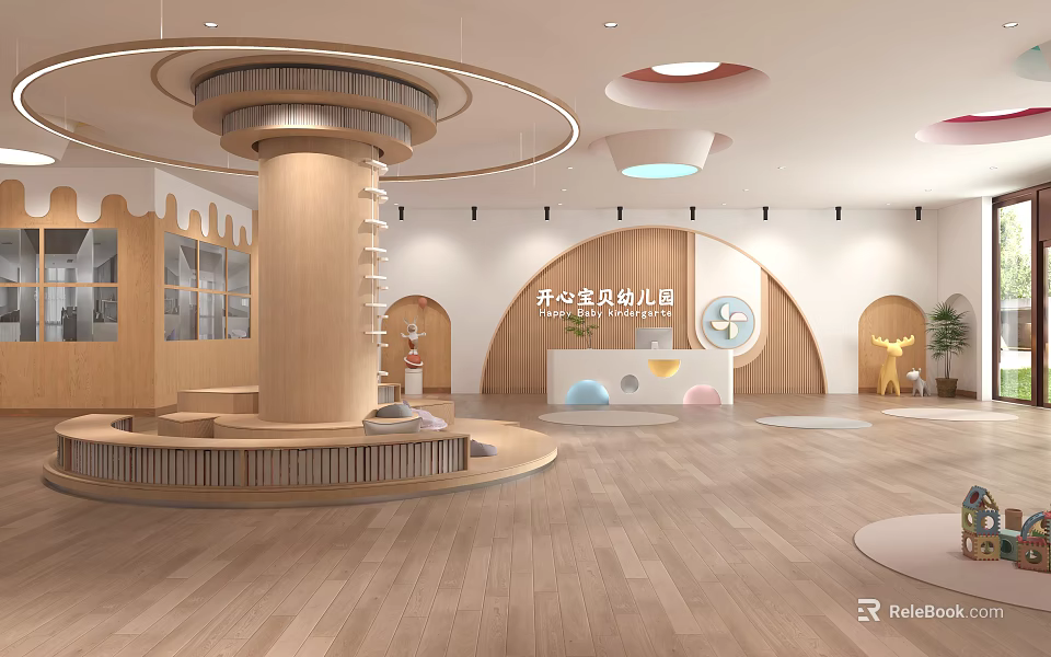 Happy Baby Kindergarten Interior With Circular Structures And Wooden Elements 3d model 