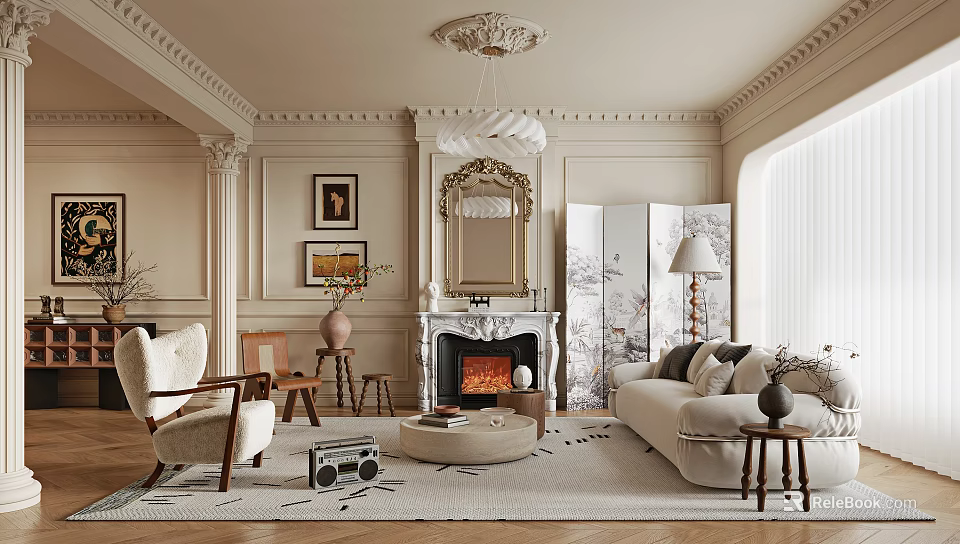 Elegant Living Room Interior Design With Fireplace Sofa Armchair Decorative Screen And Chandelier 3d model 