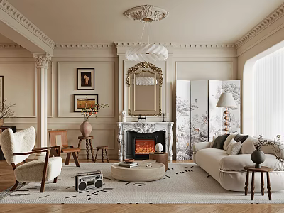 Elegant Living Room Interior Design With Fireplace Sofa Armchair Decorative Screen And Chandelier 3d model