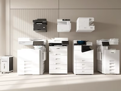 Office Appliances Including White And Black Printers Of Various Sizes Arranged Against The Wall 3d model