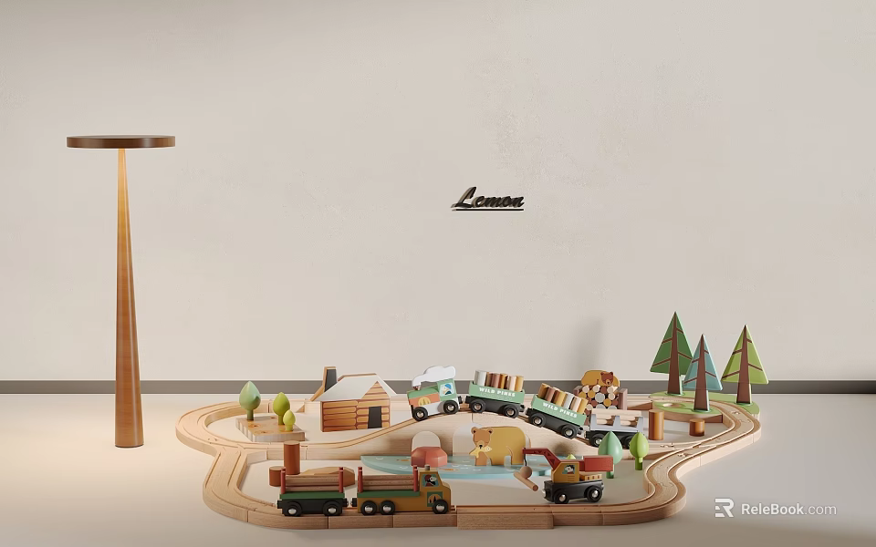 Electric Toy Train Set with Wooden Track Animals Trees and House for Kids 3d model 