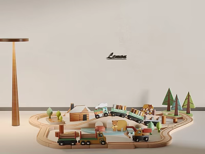 Electric Toy Train Set with Wooden Track Animals Trees and House for Kids 3d model