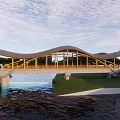 Wavy Roof Wooden Bridge Over Water Featuring Green Grass Piers Under Blue Sky