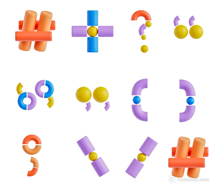 Colorful Geometric Shapes Featuring Orange Cross Blue Hashtag Yellow Circles Purple Rings 3d model 