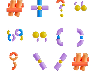 Colorful Geometric Shapes Featuring Orange Cross Blue Hashtag Yellow Circles Purple Rings 3d model