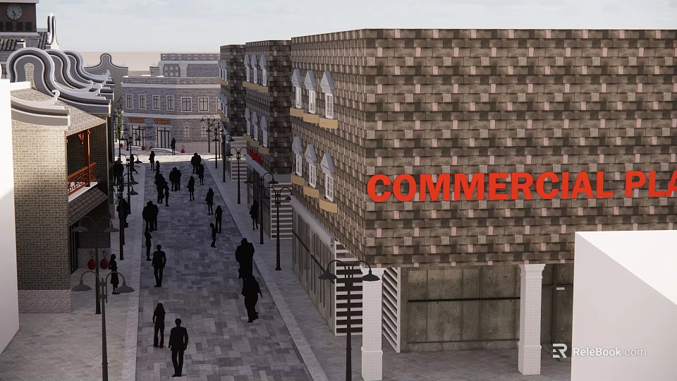 Vibrant Commercial Street With Brick Buildings Pedestrians And Street Lamps 3d model 