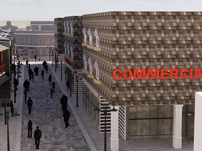 Vibrant Commercial Street With Brick Buildings Pedestrians And Street Lamps 3d model