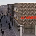 Vibrant Commercial Street With Brick Buildings Pedestrians And Street Lamps