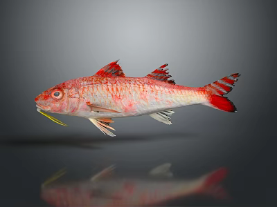Red and white patterned fish with yellow whisker like structures in gray background with reflection 3d model