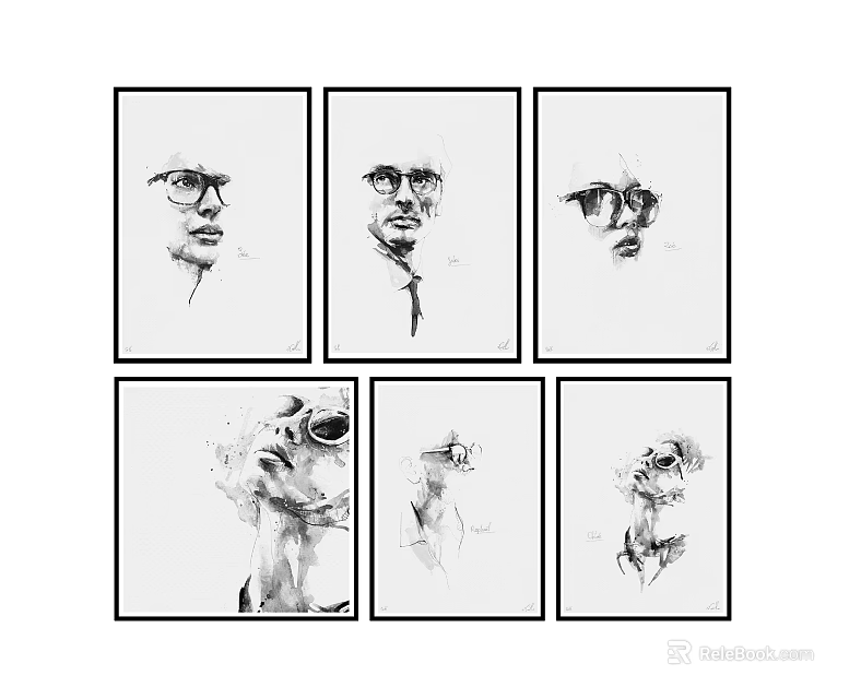 Black and White Portrait Paintings Six Sketch Style Human Faces With Glasses Details 3d model 