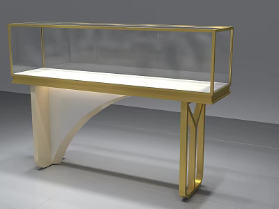 Modern Display Cabinet With Gold Frame Transparent Glass White Countertop And Unique Leg Design 3d model