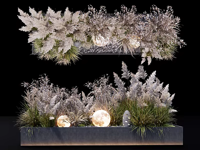 Bonsai Potted Plants With Various Greenery And Decorative Glowing Orbs In Stone Container 3d model