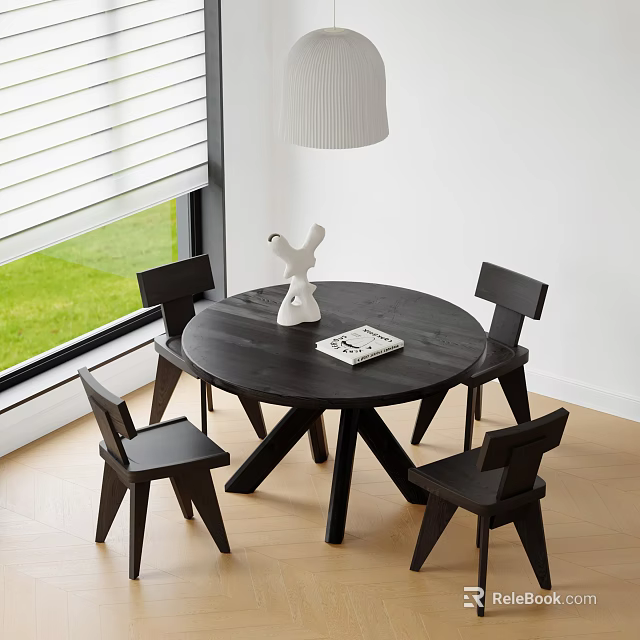 Round Black Dining Table Set With Four Chairs White Decor Window And Green Grass View 3d model
