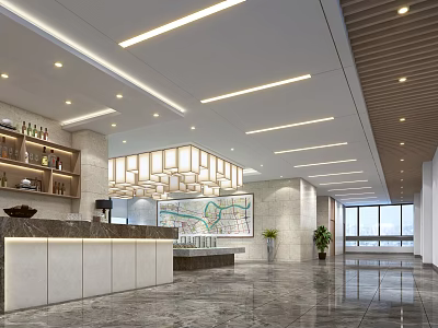 Modern Property Sales Office Interior With Reception Desk Linear Lights Marble Flooring And Large Windows 3d model