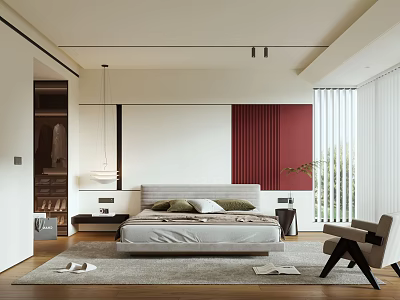 Modern Bedroom Interior With Bed Nightstand Red Curtains Accent Chair And Rug 3d model
