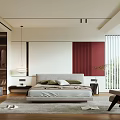 Modern Bedroom Interior With Bed Nightstand Red Curtains Accent Chair And Rug