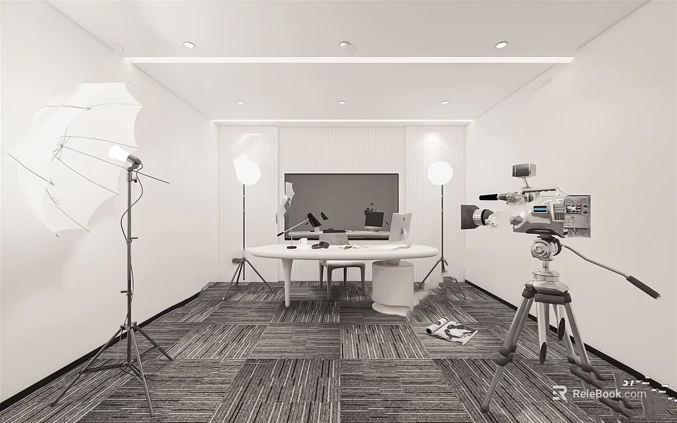 Modern Public Office Space With Workstations Computers And Lighting Equipment 3d model 