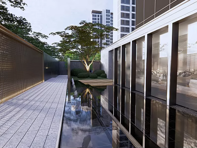 Modern Garden Landscape With Stone Pathway Water Pool Greenery And Building Reflections 3d model