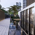 Modern Garden Landscape With Stone Pathway Water Pool Greenery And Building Reflections