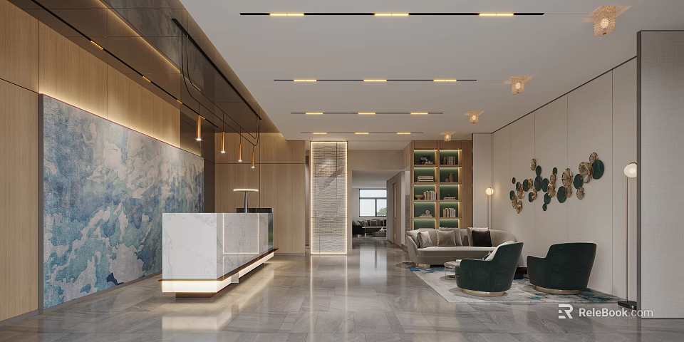Modern Hotel Lobby Interior Design With Marble Reception Desk Wooden Walls And Pendant Lights 3d model 
