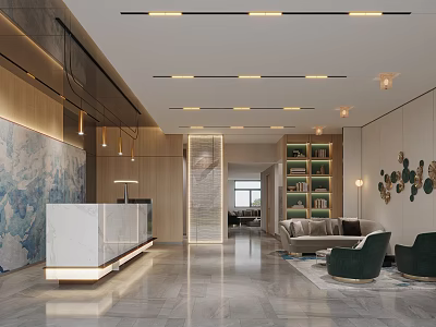 Modern Hotel Lobby Interior Design With Marble Reception Desk Wooden Walls And Pendant Lights 3d model