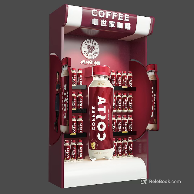 Costa Coffee Beverage Display Featuring Bottled Products On Red Shelf 3d model