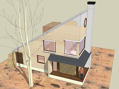 Modern Detached House Exterior With Gable Roof Chimney And Large Windows 3d model
