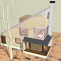 Modern Detached House Exterior With Gable Roof Chimney And Large Windows