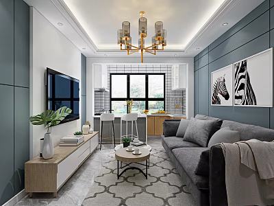 Modern Living Room With Gray Sofa Gold Chandelier Green Plant And Zebra Artwork 3d model