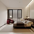 Modern Minimalist Bedroom Interior Design With Bed Bedside Table Desk And Window Blinds