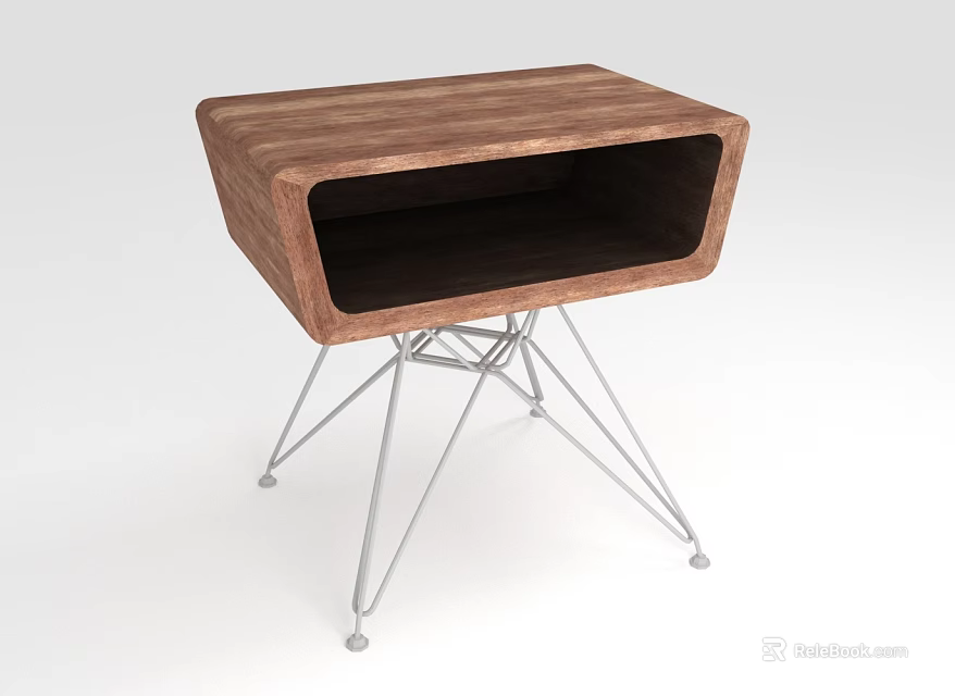 Modern Wooden Bedside Table With Open Storage And Metal Hairpin Legs 3d model 