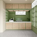 Modern Green Beige Specialty Store Interior With Counter Display Shelves Coffee Machine And Circular Decorations