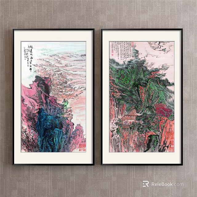 Traditional Chinese Landscape Paintings With Mountain Peaks Green Trees Floating Clouds And Calligraphy In Frames 3d model 